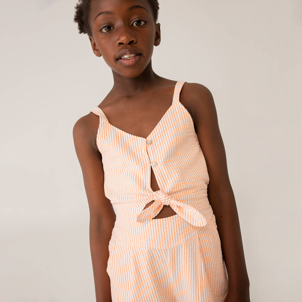 Boboli Girls Orange Striped Seersucker Jumpsuit Childrensalon