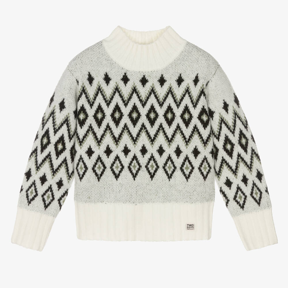 Boboli - Girls Pale Grey & White Pattern Sweater | Childrensalon