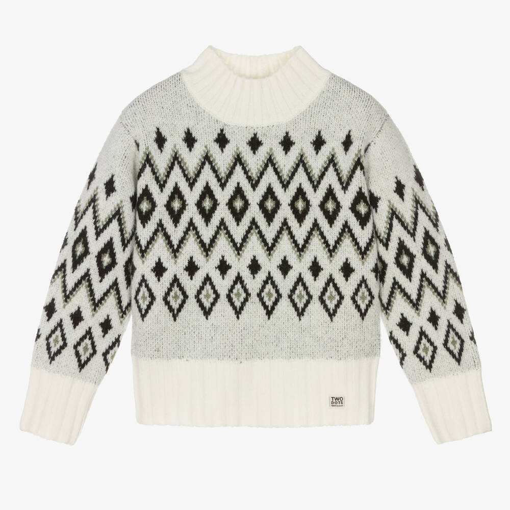Boboli-Girls Pale Grey & White Pattern Sweater | Childrensalon Outlet