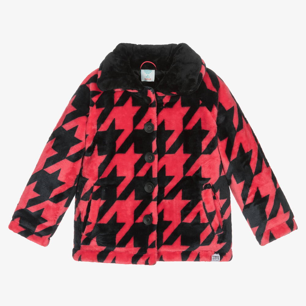 Boboli - Girls Pink & Black Houndstooth Fleece Jacket | Childrensalon