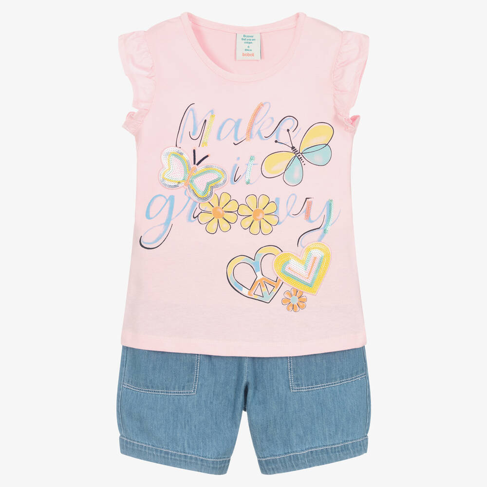Boboli - Girls Pink & Blue Cotton Shorts | Childrensalon