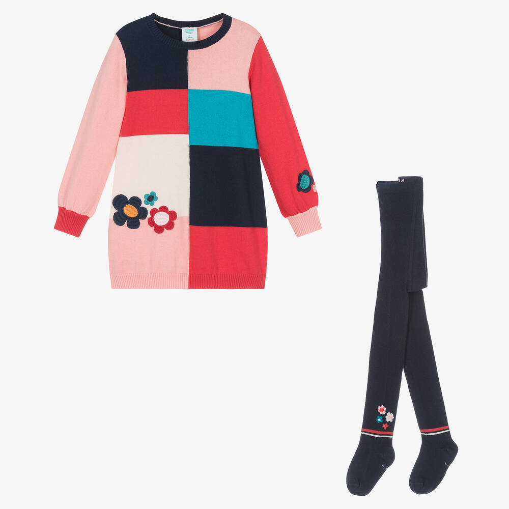 Boboli - طقم فستان مزيج قطن محبوك لون زهري بألوان بلوك | Childrensalon