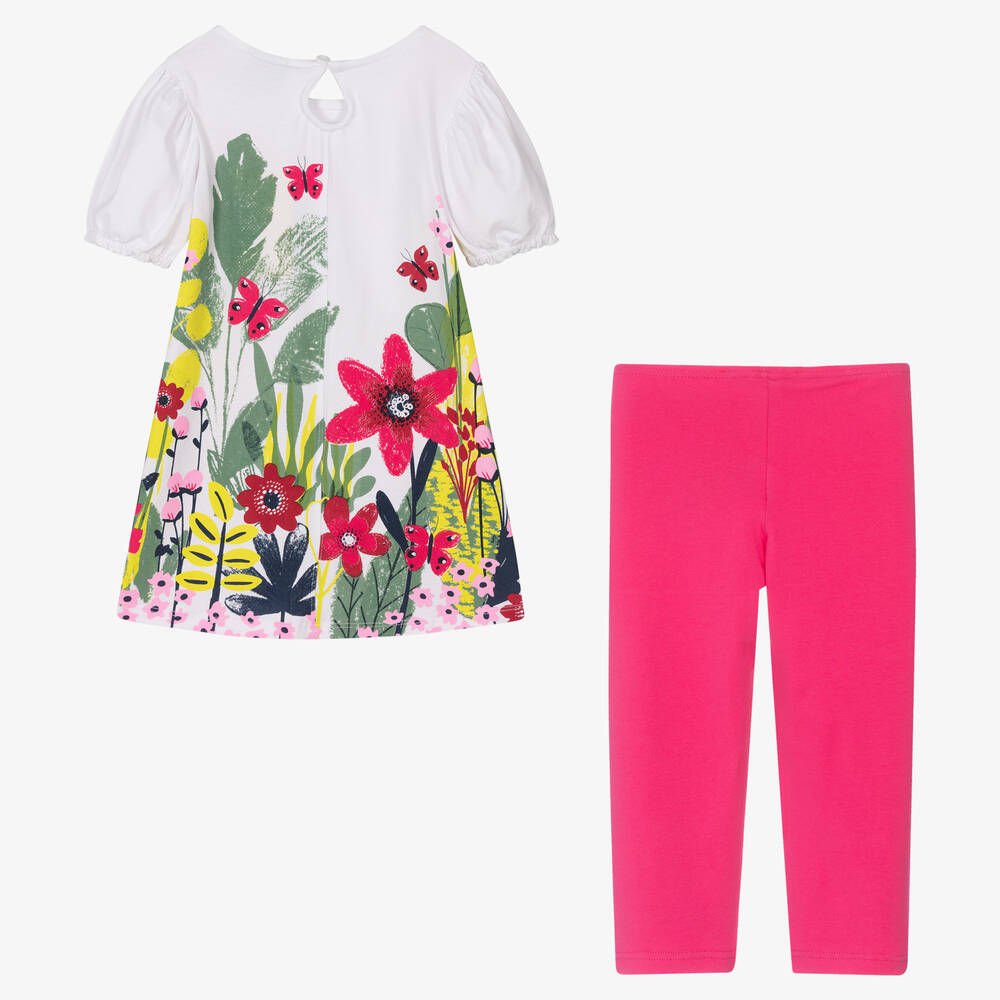 Boboli-Girls Pink Floral Cotton Dress & Leggings Set | Childrensalon Outlet
