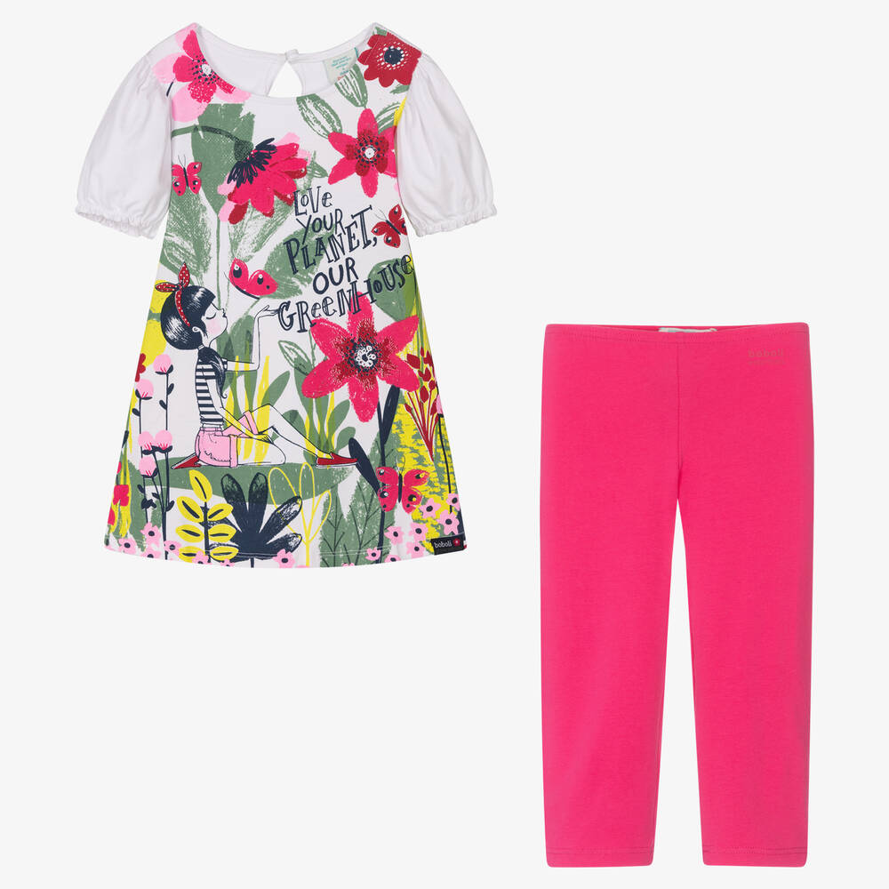 Boboli-Girls Pink Floral Cotton Dress & Leggings Set | Childrensalon Outlet