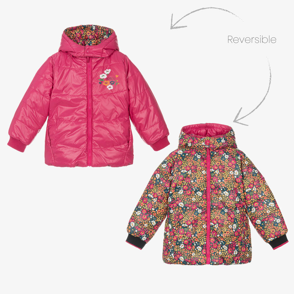 Boboli - Girls Pink Floral Reversible Coat | Childrensalon