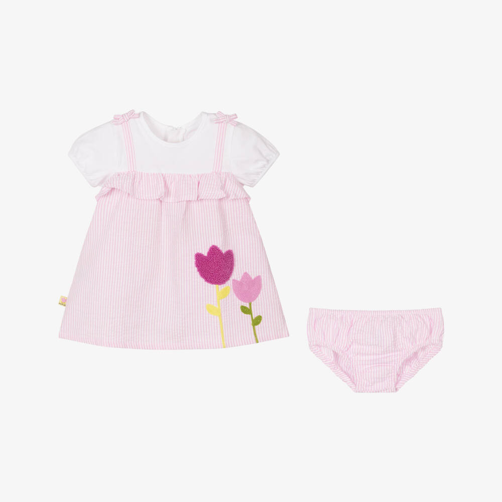 Boboli-Girls Pink Floral & Stripe Seersucker Dress | Childrensalon Outlet
