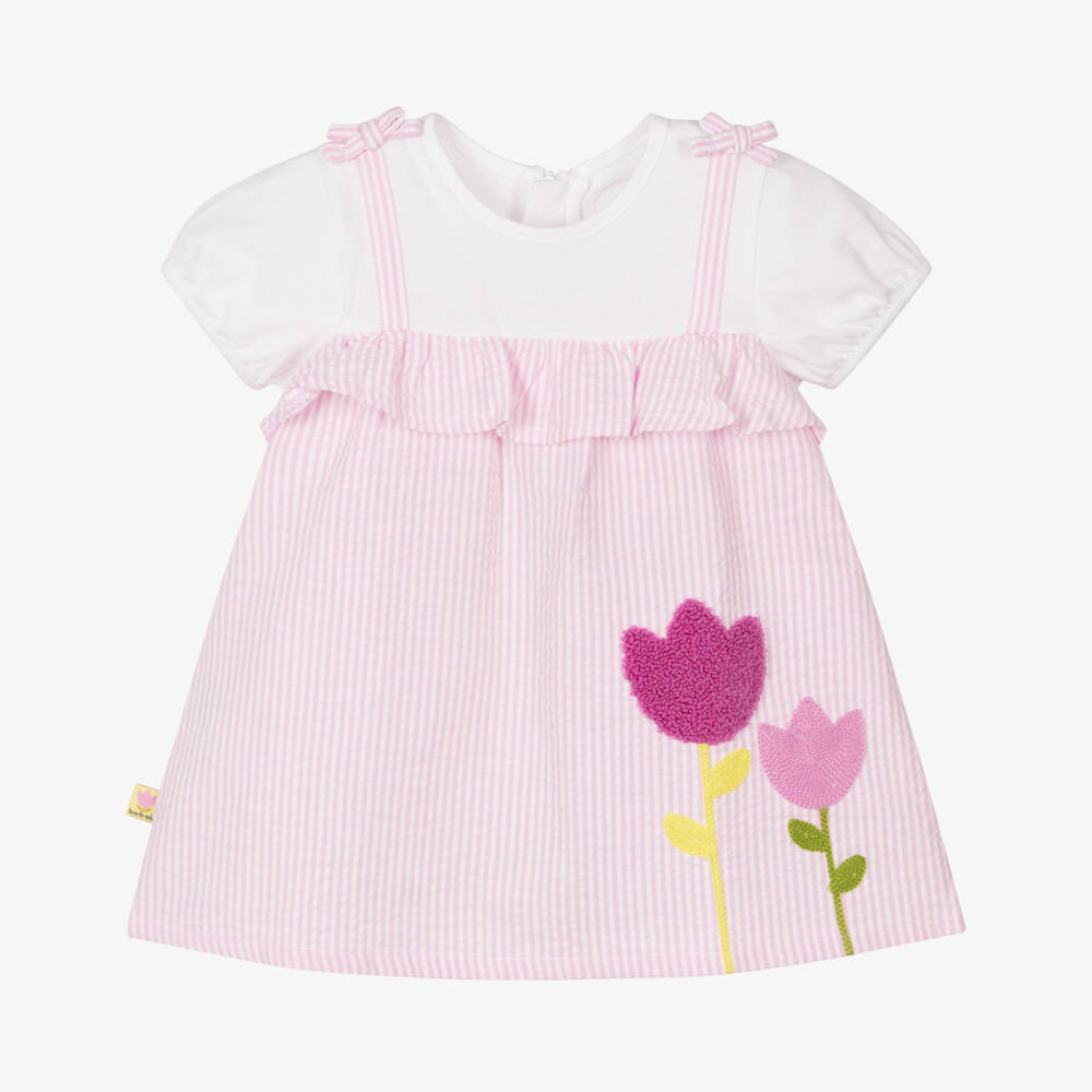 Boboli-Girls Pink Floral & Stripe Seersucker Dress | Childrensalon Outlet