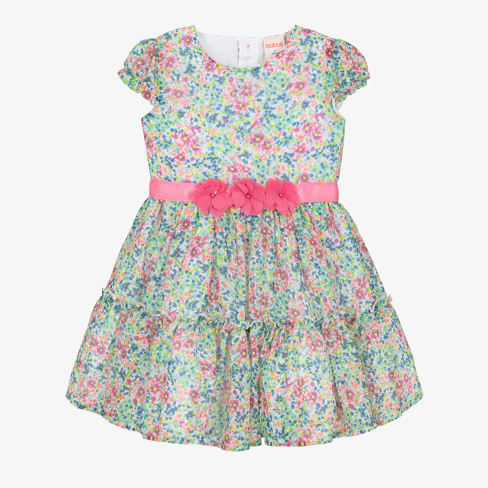 Boboli-Girls Pink & Green Floral Chiffon Dress | Childrensalon Outlet