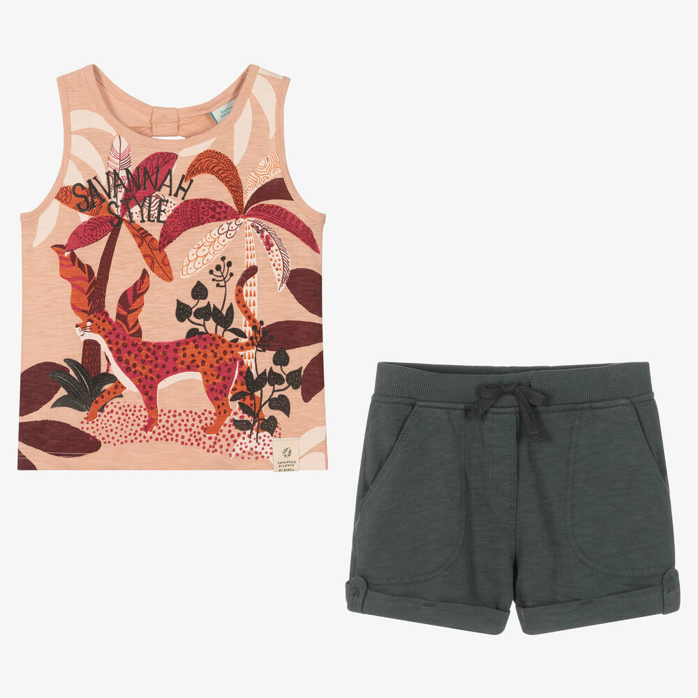 Boboli-Girls Pink & Grey Cotton Shorts Set | Childrensalon Outlet