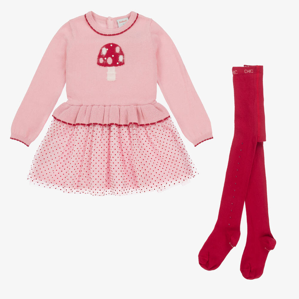 Boboli - Girls Pink & Red Knit Mushroom Dress Set | Childrensalon