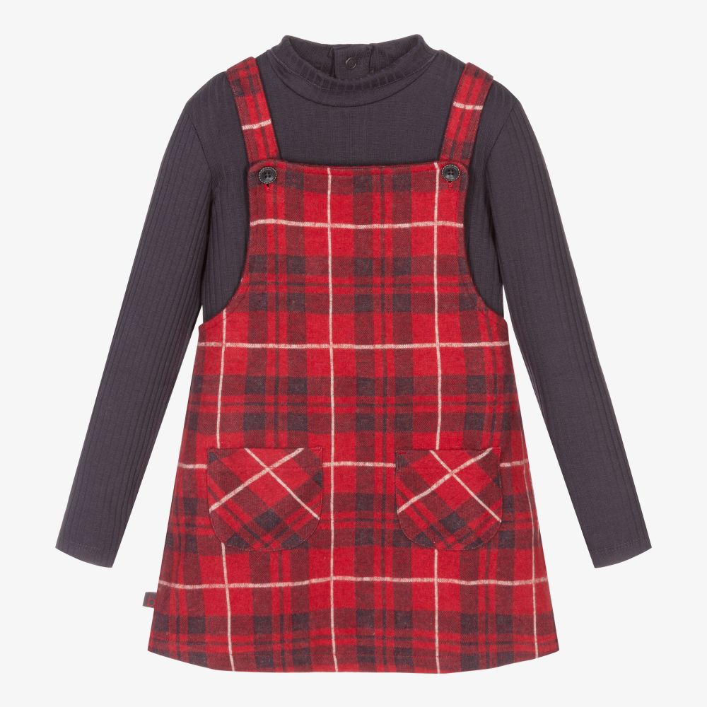 Boboli - طقم فستان قطن لون أحمر ورمادي | Childrensalon