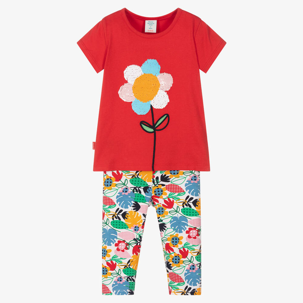 Boboli - Ensemble legging coton rouge fleurs | Childrensalon