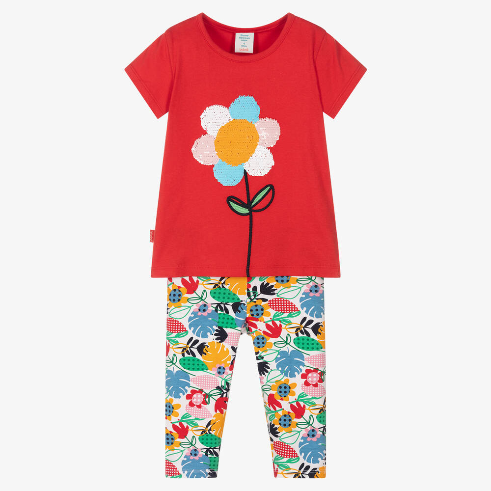 Boboli - Girls Red Floral Cotton Leggings Set | Childrensalon