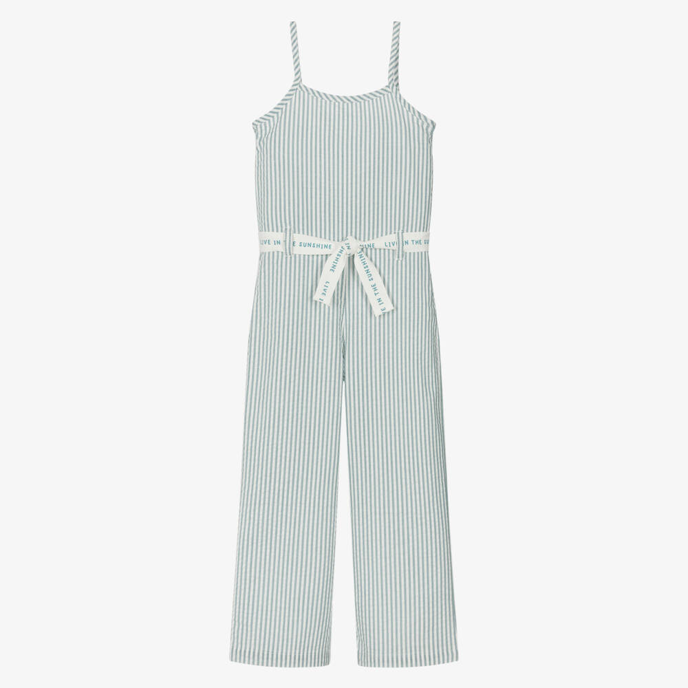 Boboli-Girls Sage Green Seersucker Romper | Childrensalon Outlet