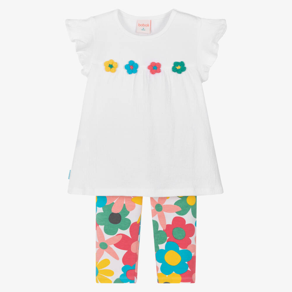 Boboli-Весенний комплект леггинсов с белыми цветами для девочек | Childrensalon Outlet