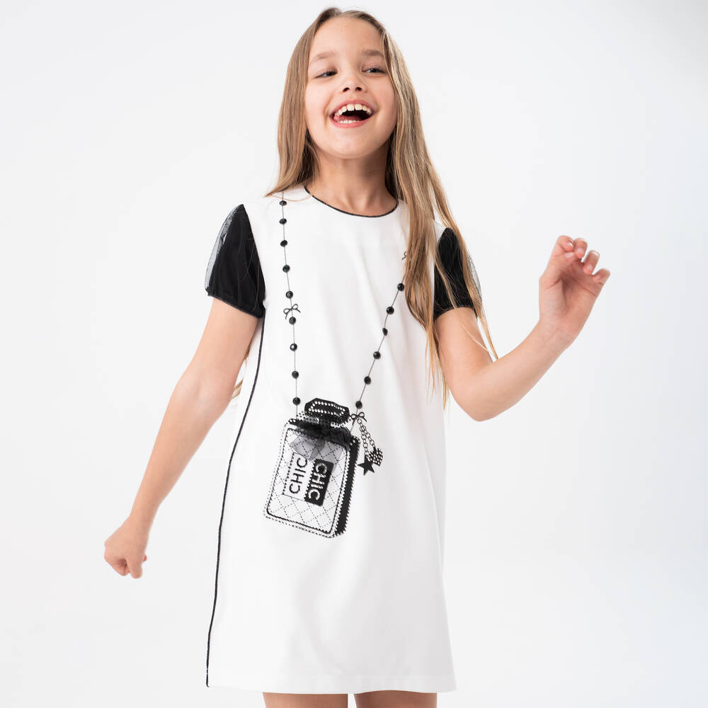 Boboli-Girls White Bag Print Cotton Dress | Childrensalon Outlet