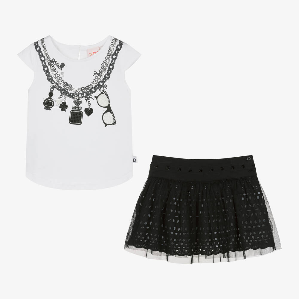 بوبولي-طقم تنورة قطن جيرسي لون أبيض وأسود | Childrensalon Outlet