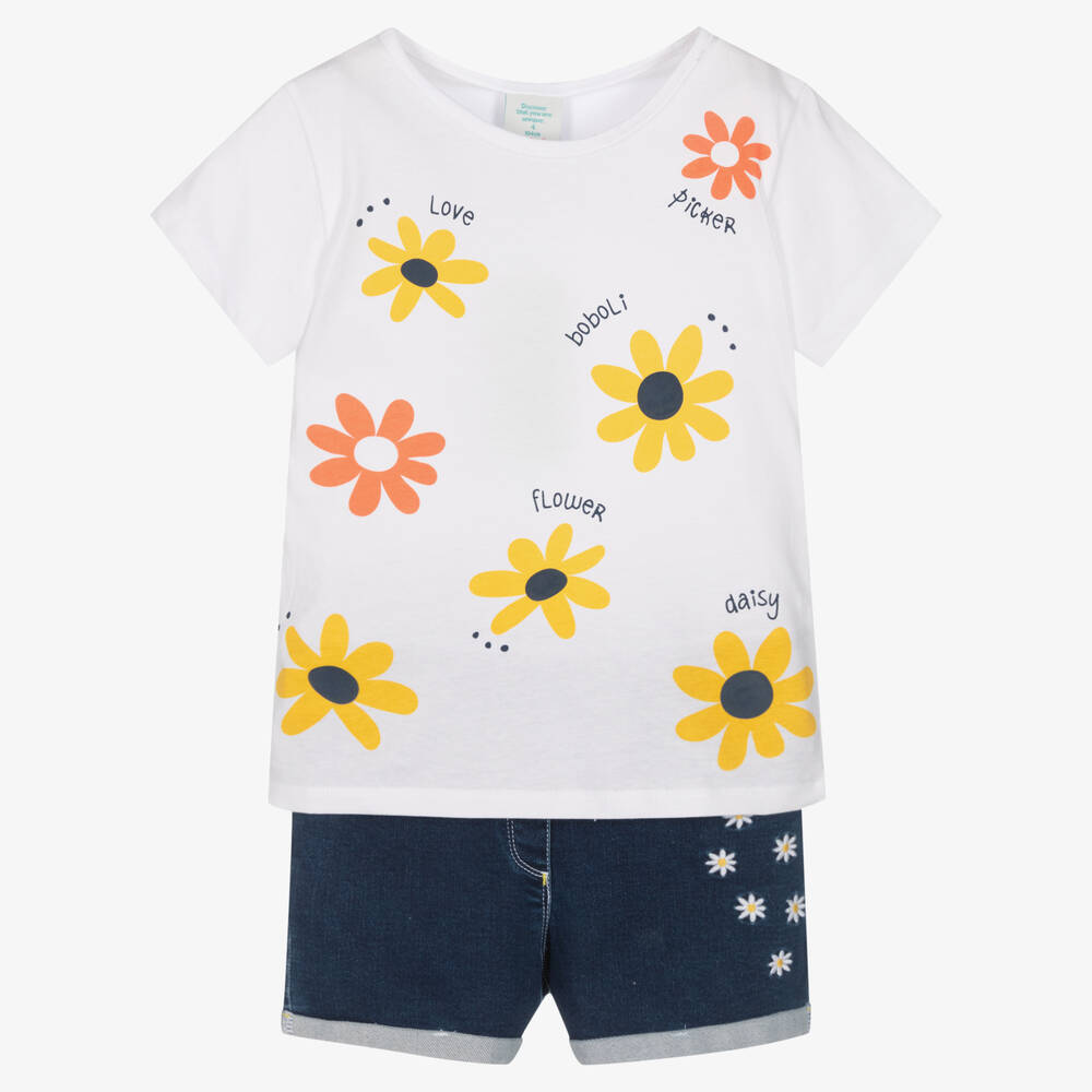 Boboli - Girls White & Blue Cotton Shorts Set | Childrensalon