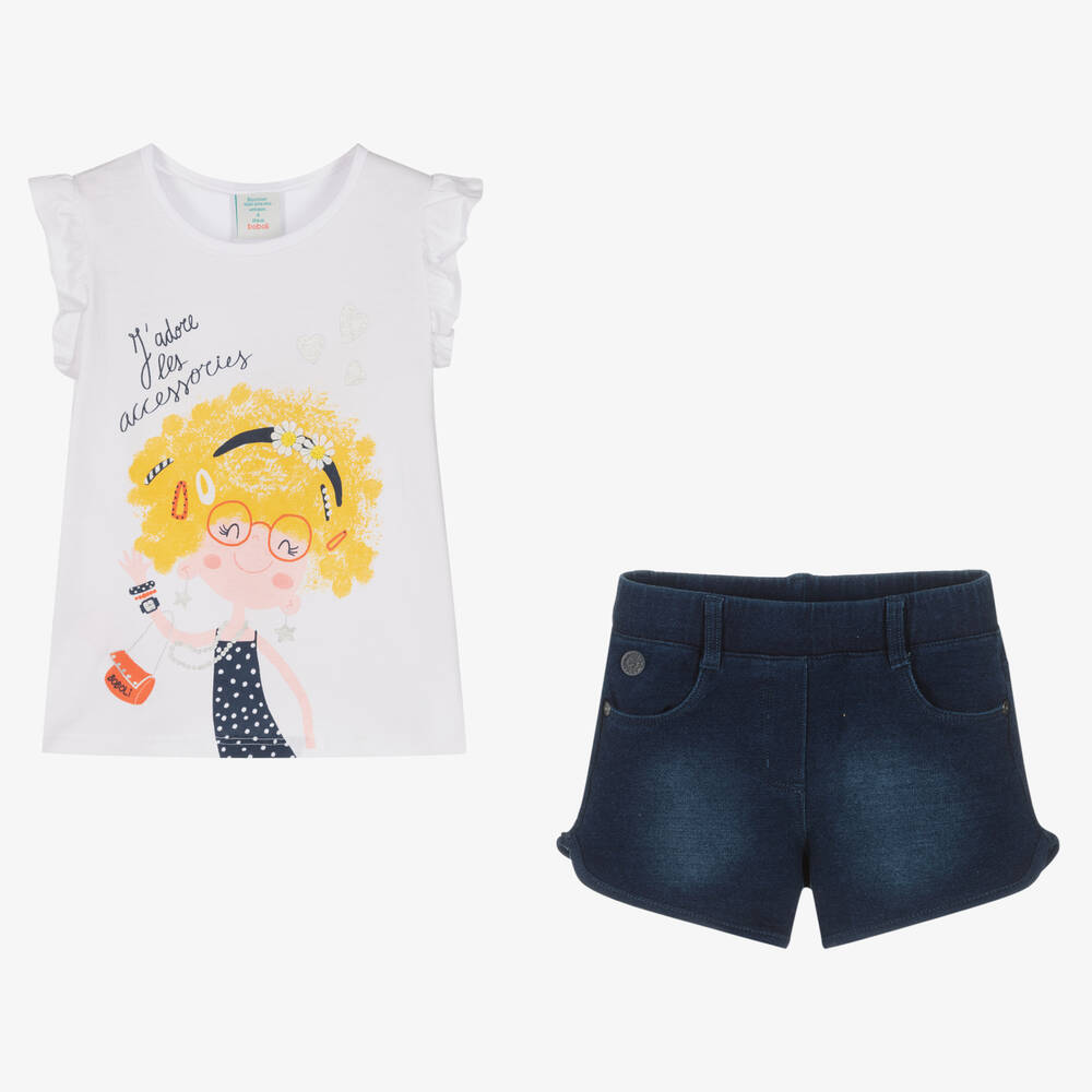 Boboli-Girls White & Blue Cotton Shorts Set | Childrensalon Outlet