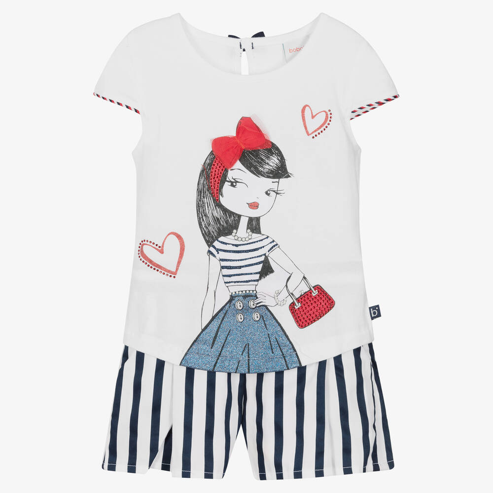 Boboli-Girls White & Blue Cotton Shorts Set | Childrensalon Outlet