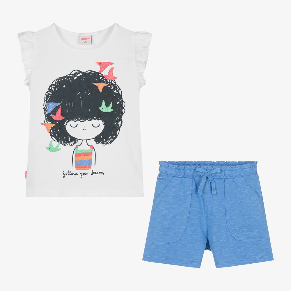 Boboli-Girls White & Blue Cotton Shorts Set | Childrensalon Outlet