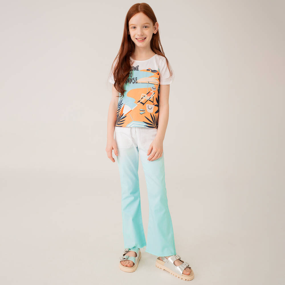 Boboli-Girls White & Blue Cotton Trousers  | Childrensalon Outlet