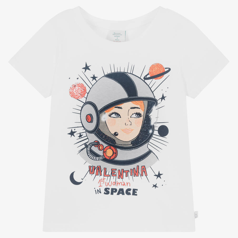 Boboli - Weißes Baumwoll-T-Shirt mit Astronautin-Print | Childrensalon