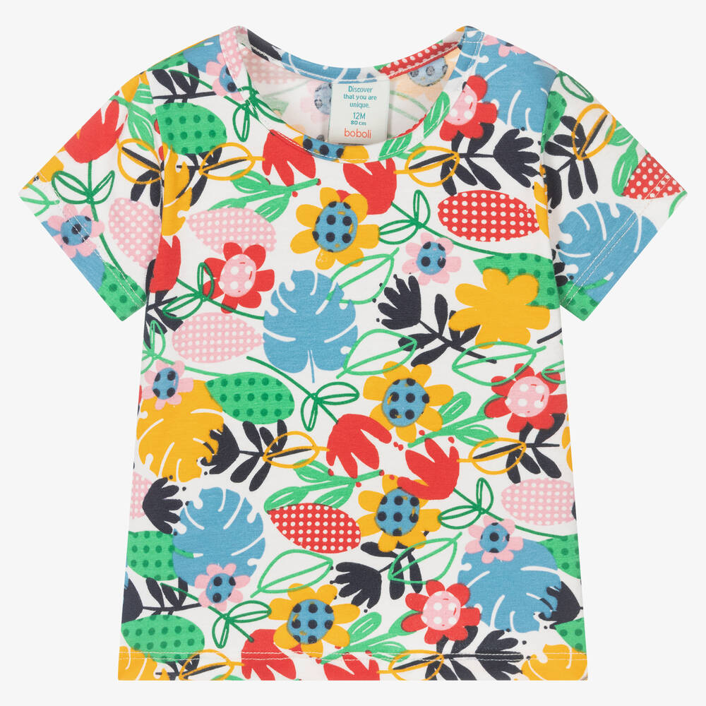 Boboli - Girls White Cotton Floral T-Shirt | Childrensalon