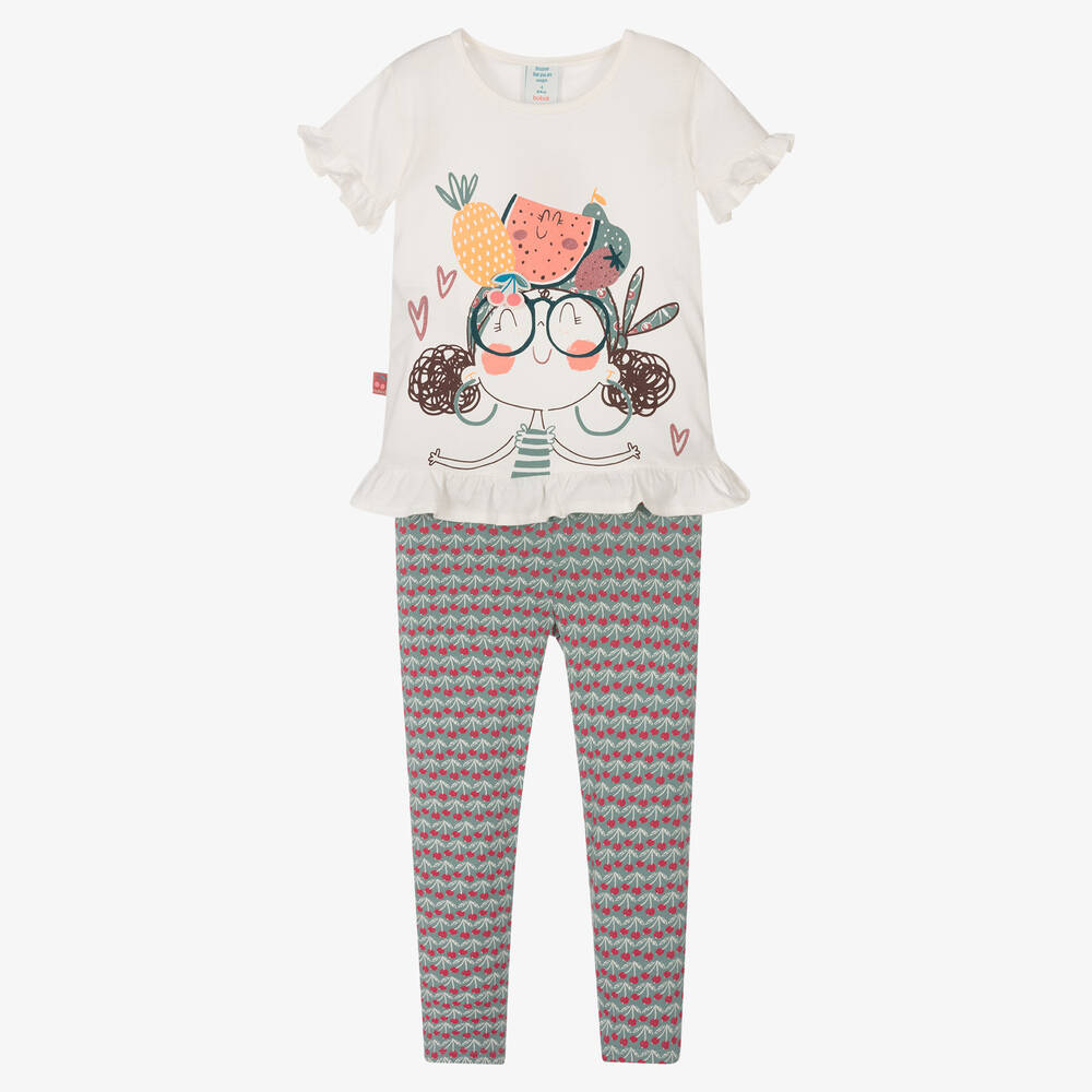 Boboli - Girls White & Green Cotton Leggings Set | Childrensalon