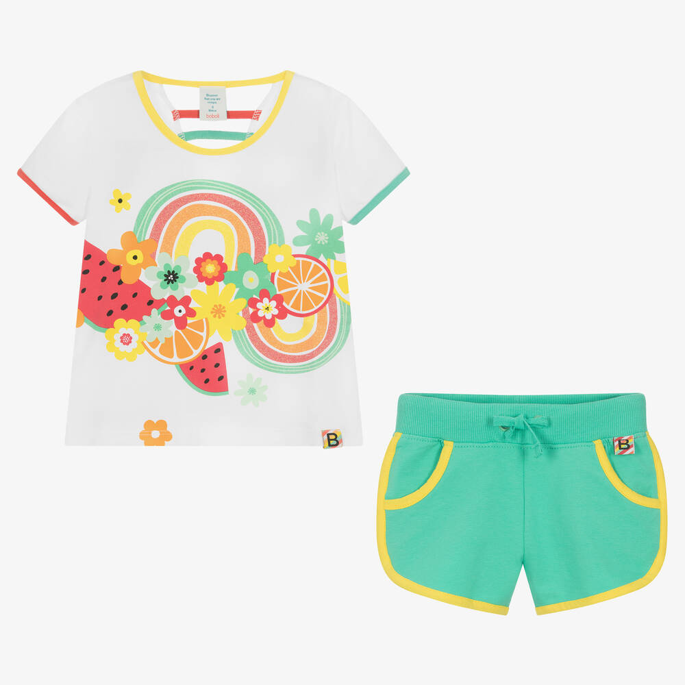 Boboli-Girls White & Green Cotton Shorts Set | Childrensalon Outlet