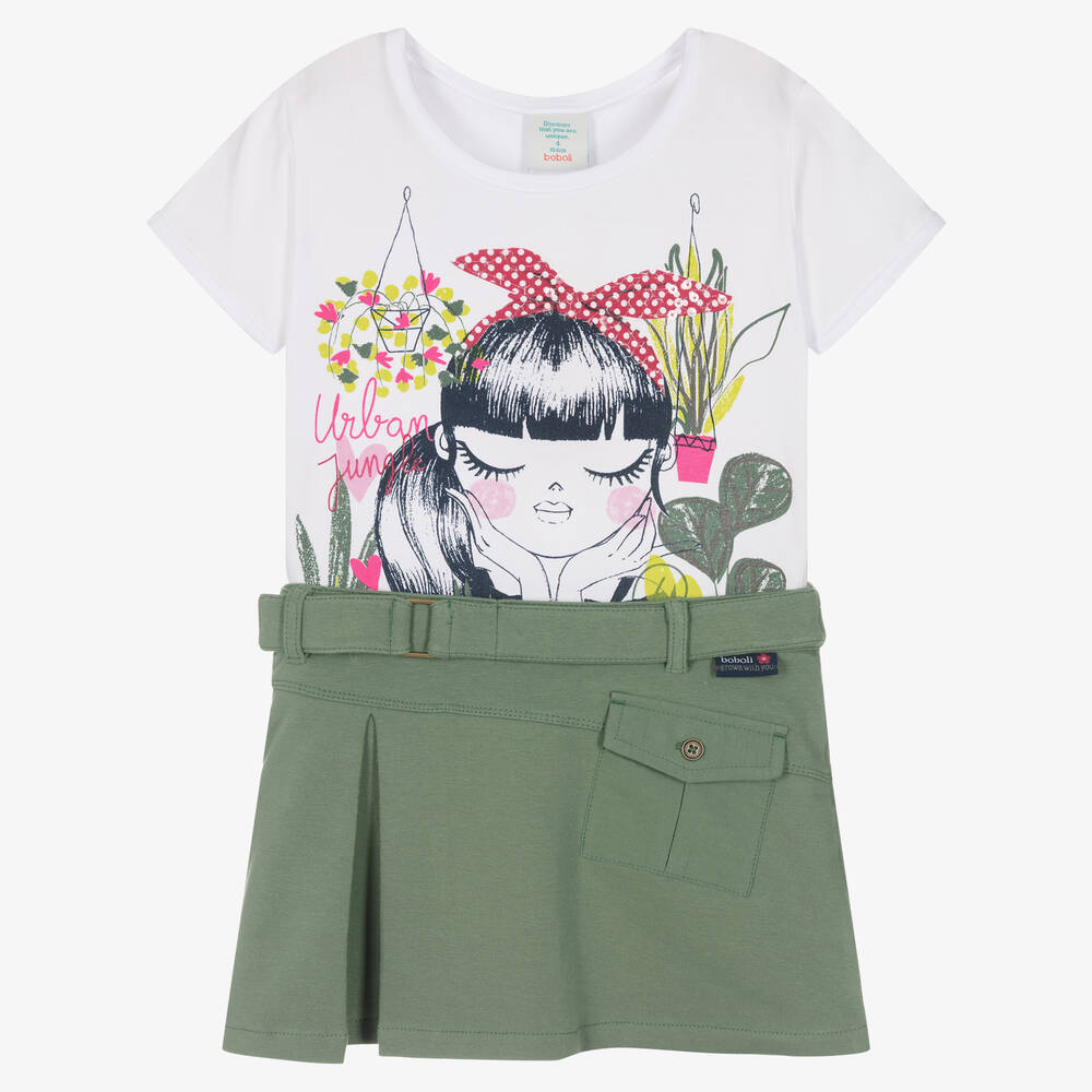 Boboli - Белая футболка и зеленая юбка из хлопка | Childrensalon