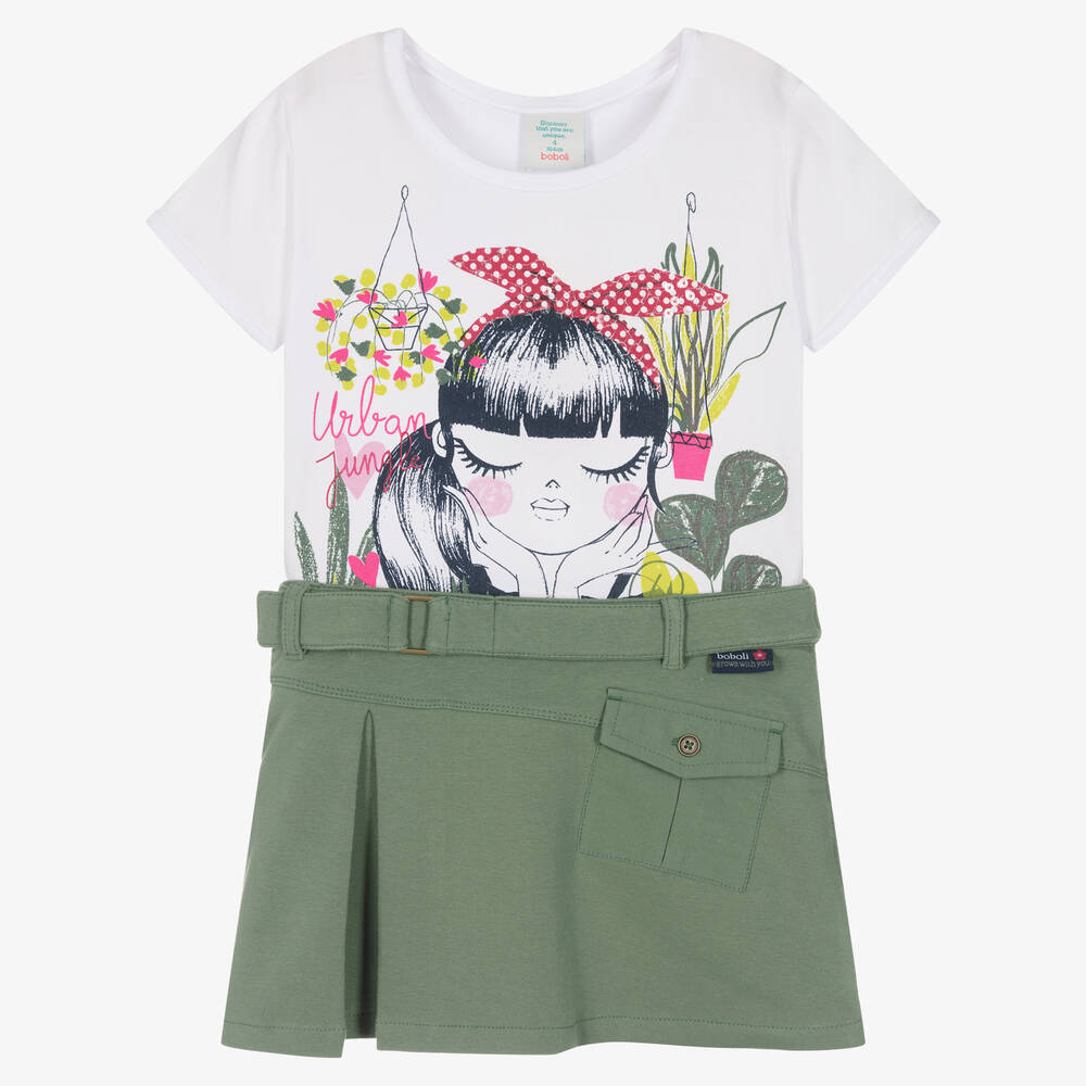 Boboli - Ensemble jupe coton blanc et vert | Childrensalon