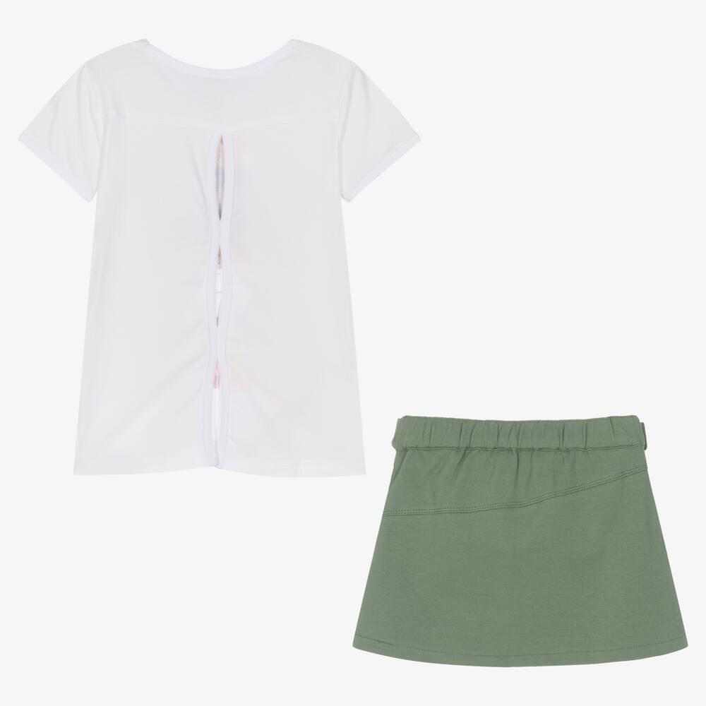 Boboli-Белая футболка и зеленая юбка из хлопка | Childrensalon Outlet