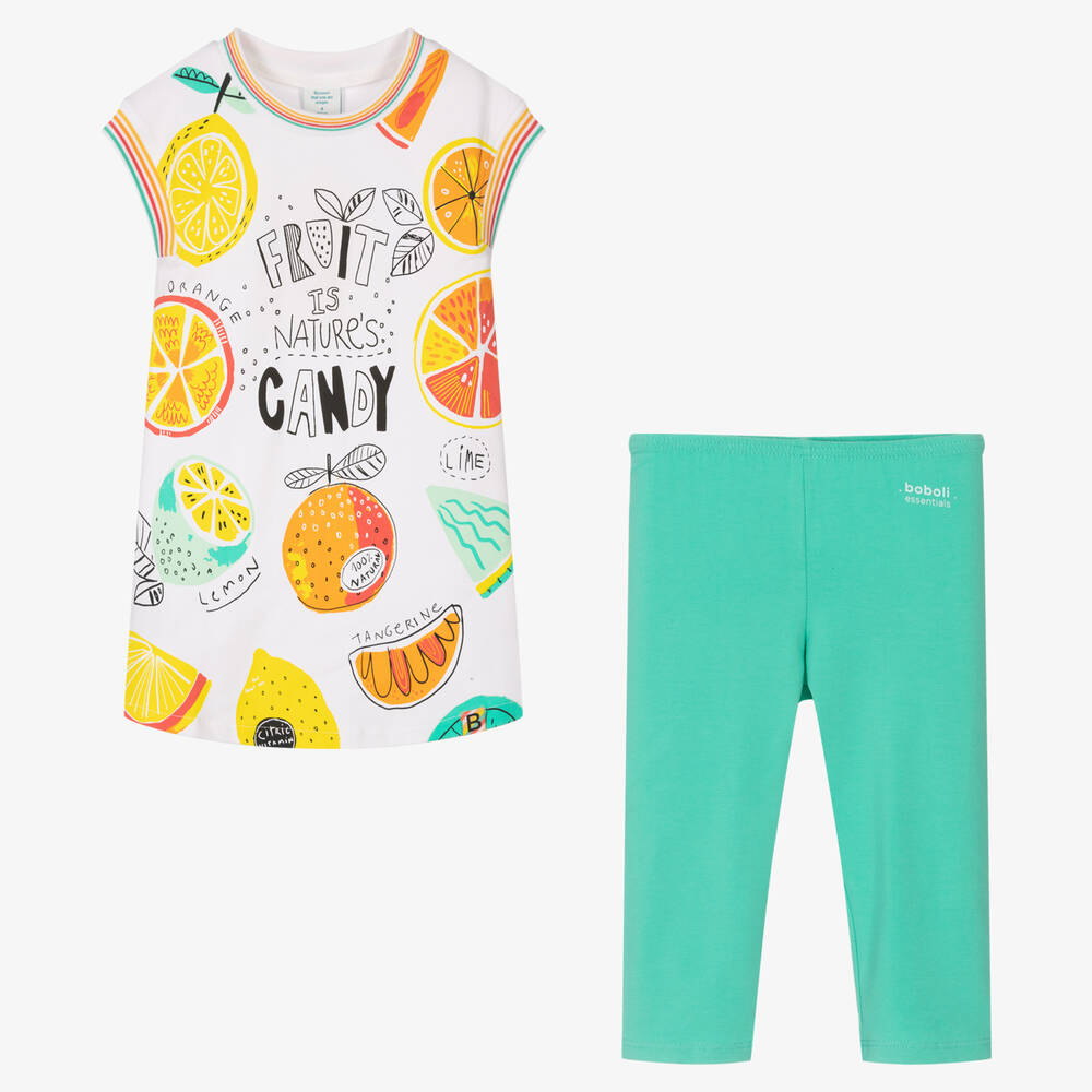 Boboli-Girls White & Green Dress & Leggings Set | Childrensalon Outlet