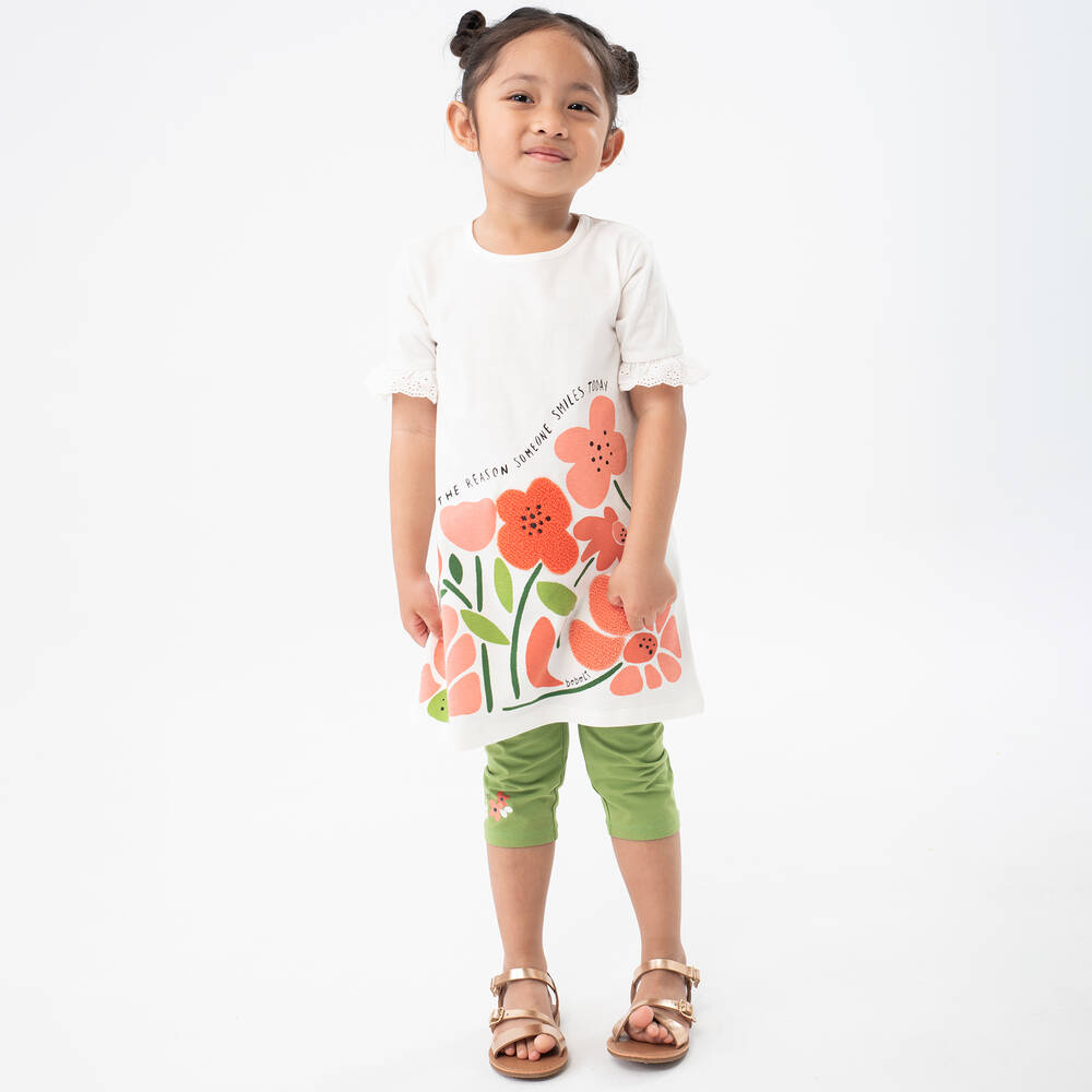 Boboli-طقم فستان قطن جيرسي لون أبيض وأخضر للبنات | Childrensalon Outlet