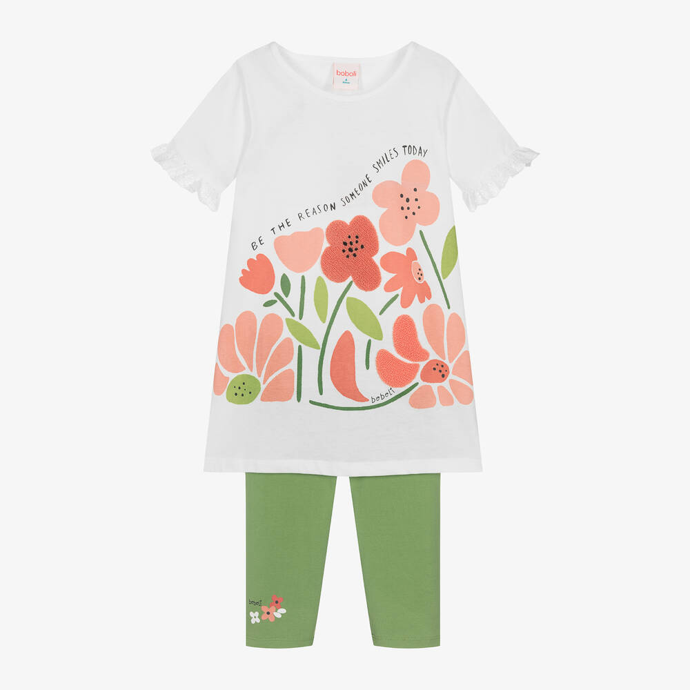 Boboli-Girls White & Green Flower Dress Set | Childrensalon Outlet