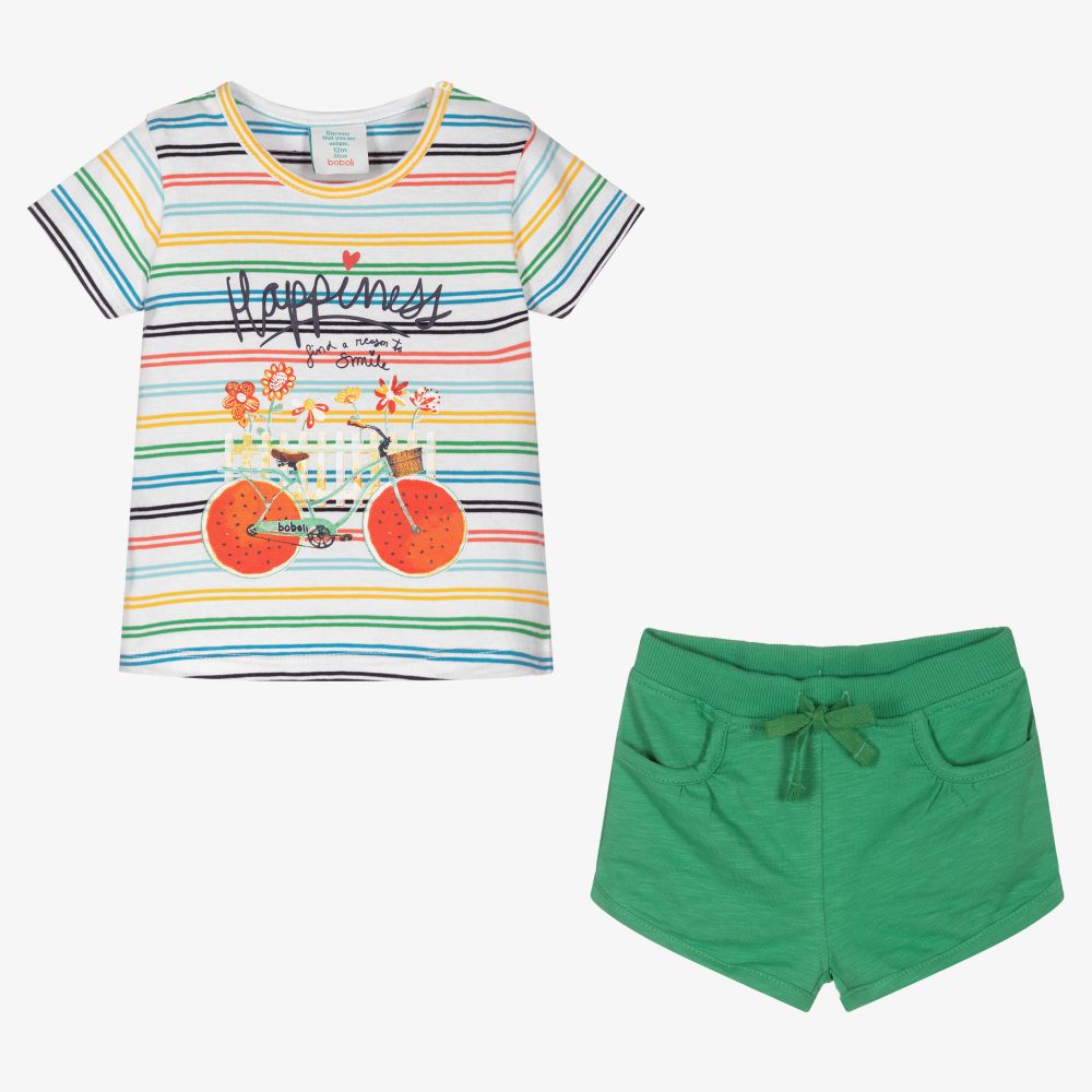 Boboli-طقم شورت قطن لون أخضر وأبيض للبنات | Childrensalon Outlet