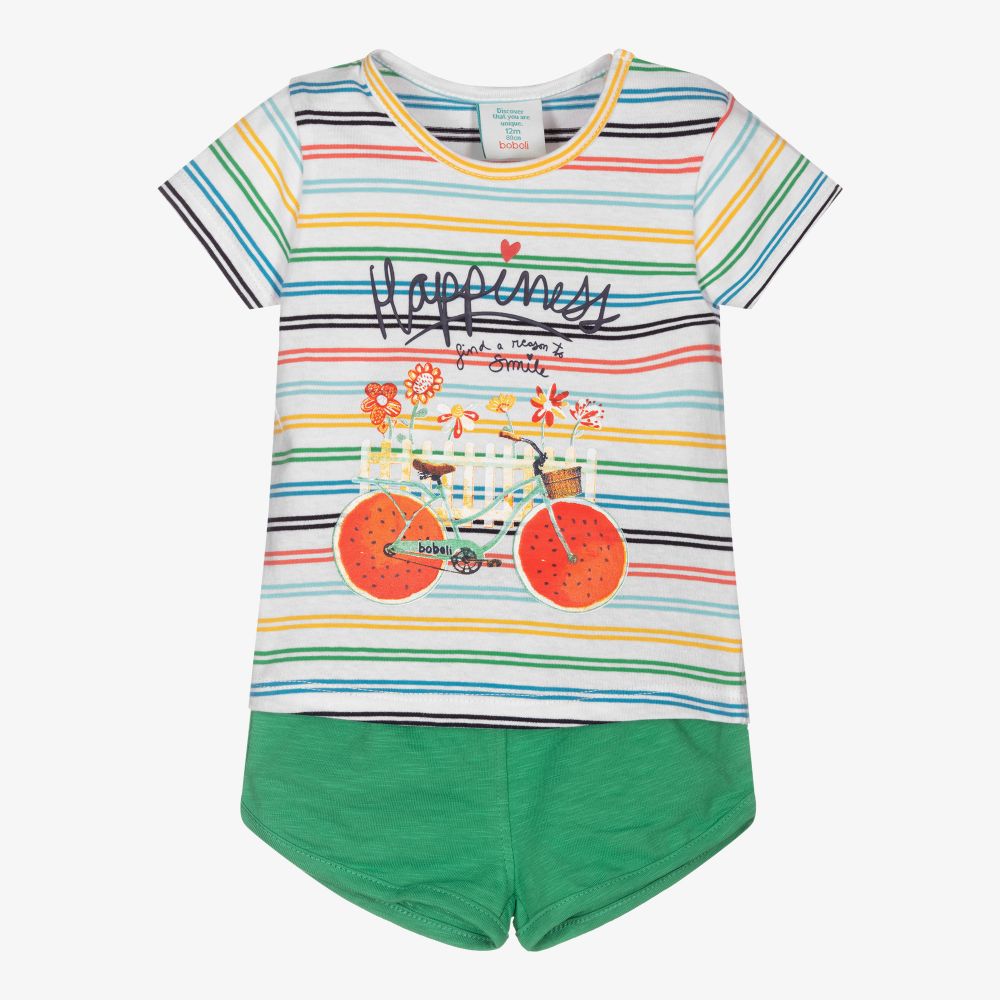 Boboli-طقم شورت قطن لون أخضر وأبيض للبنات | Childrensalon Outlet