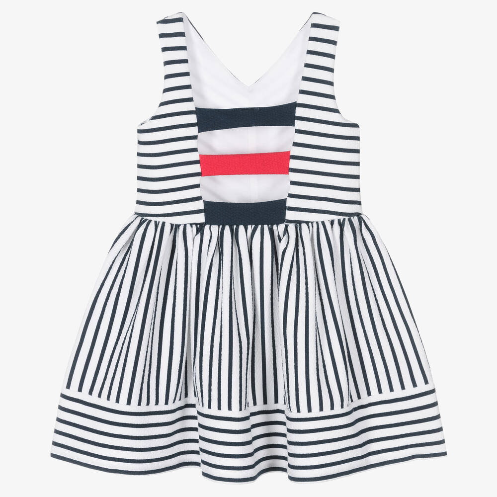 Boboli-Girls White & Navy Blue Striped Dress | Childrensalon Outlet