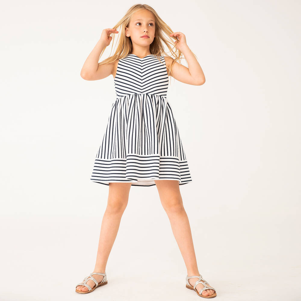 Boboli-Girls White & Navy Blue Striped Dress | Childrensalon Outlet
