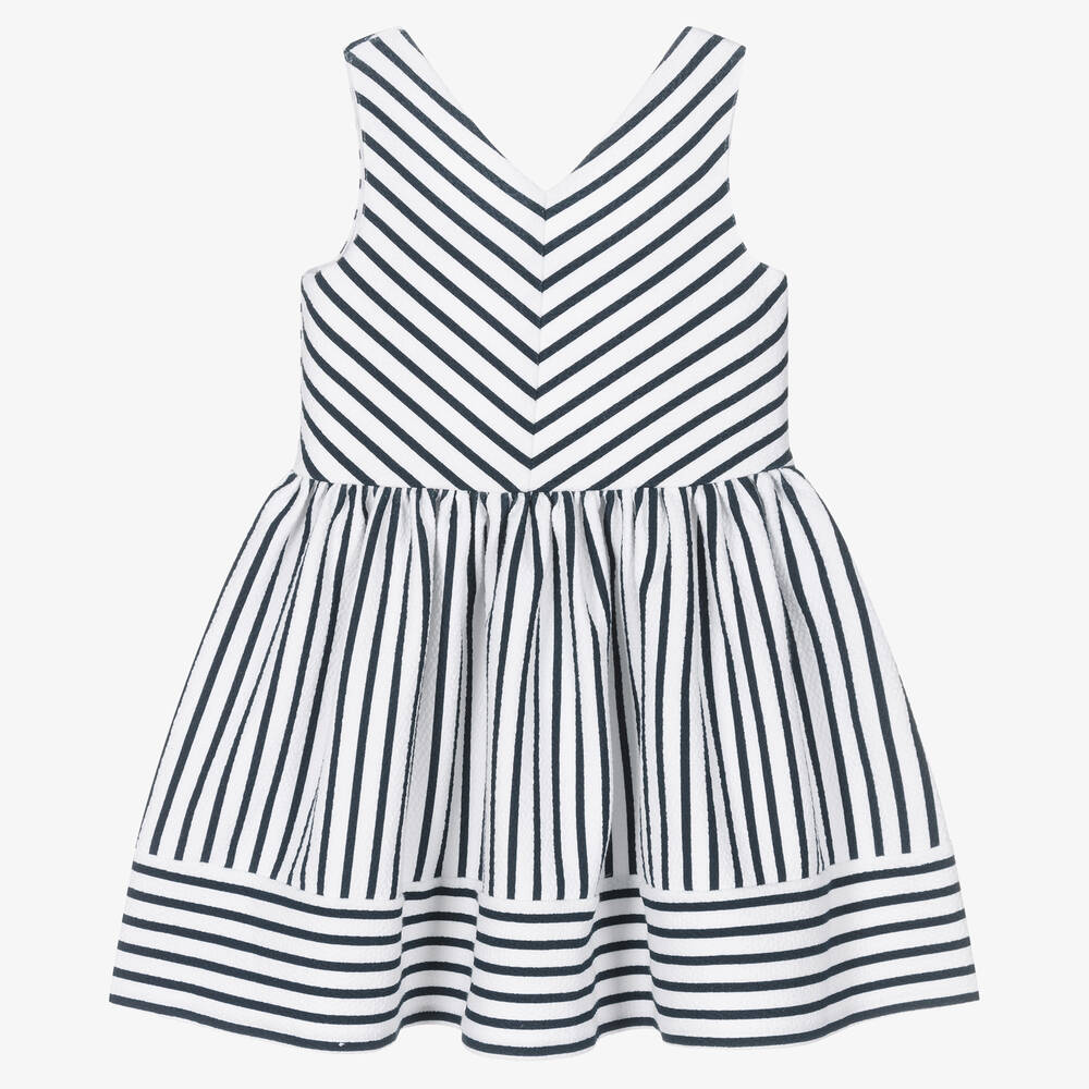Boboli - Girls White & Navy Blue Striped Dress | Childrensalon