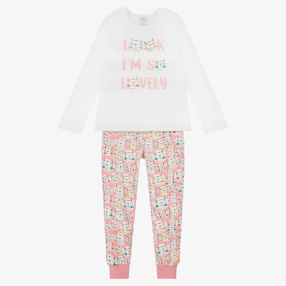 Boboli Girls White Pink Cat Pyjamas Childrensalon Outlet
