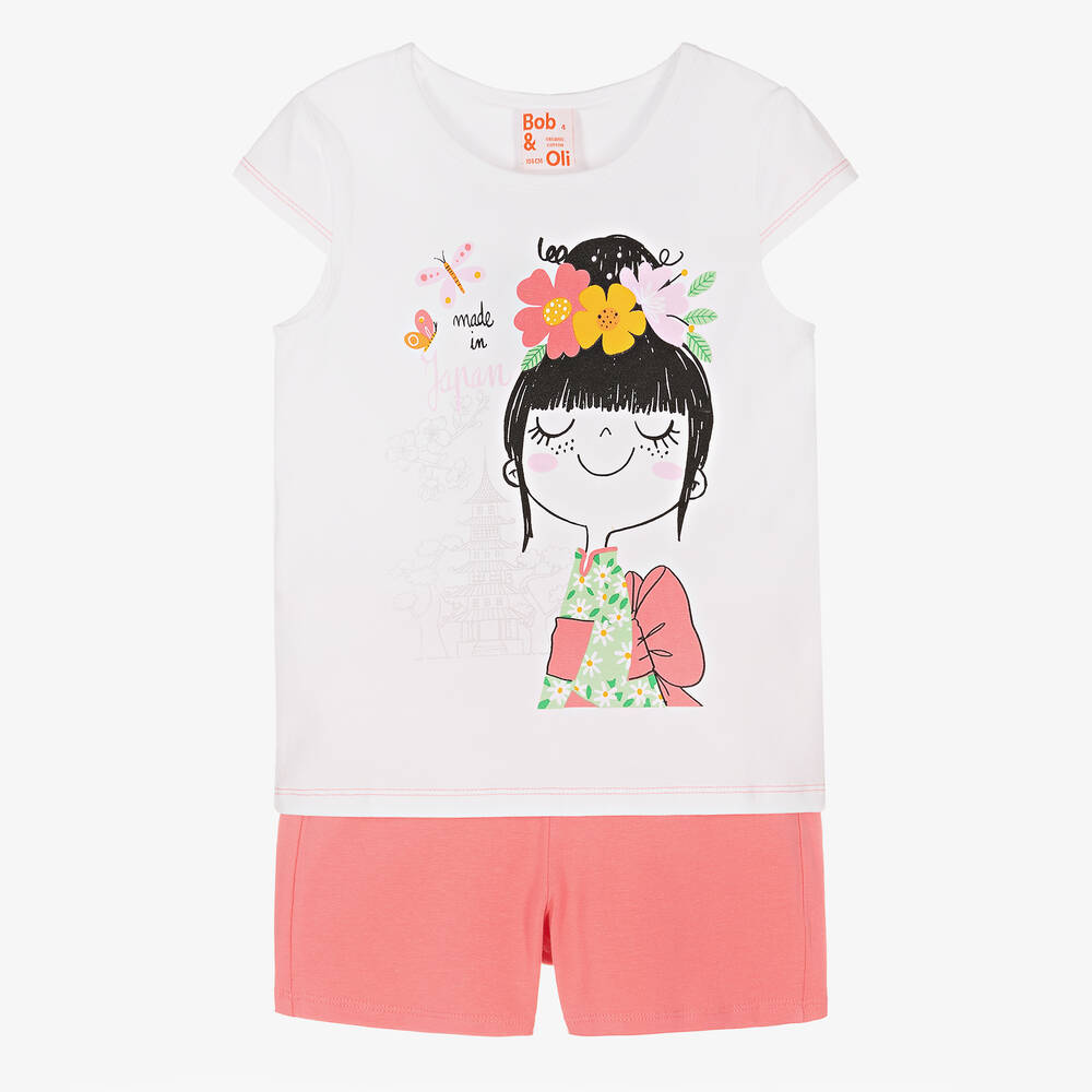 Boboli - Kurzer Baumwoll-Schlafanzug in Weiß & Pink | Childrensalon