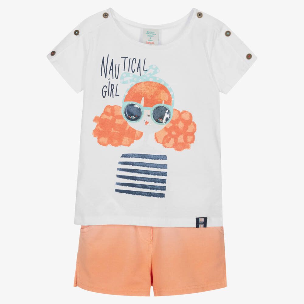 Boboli-Girls White & Pink Cotton Shorts Set | Childrensalon Outlet