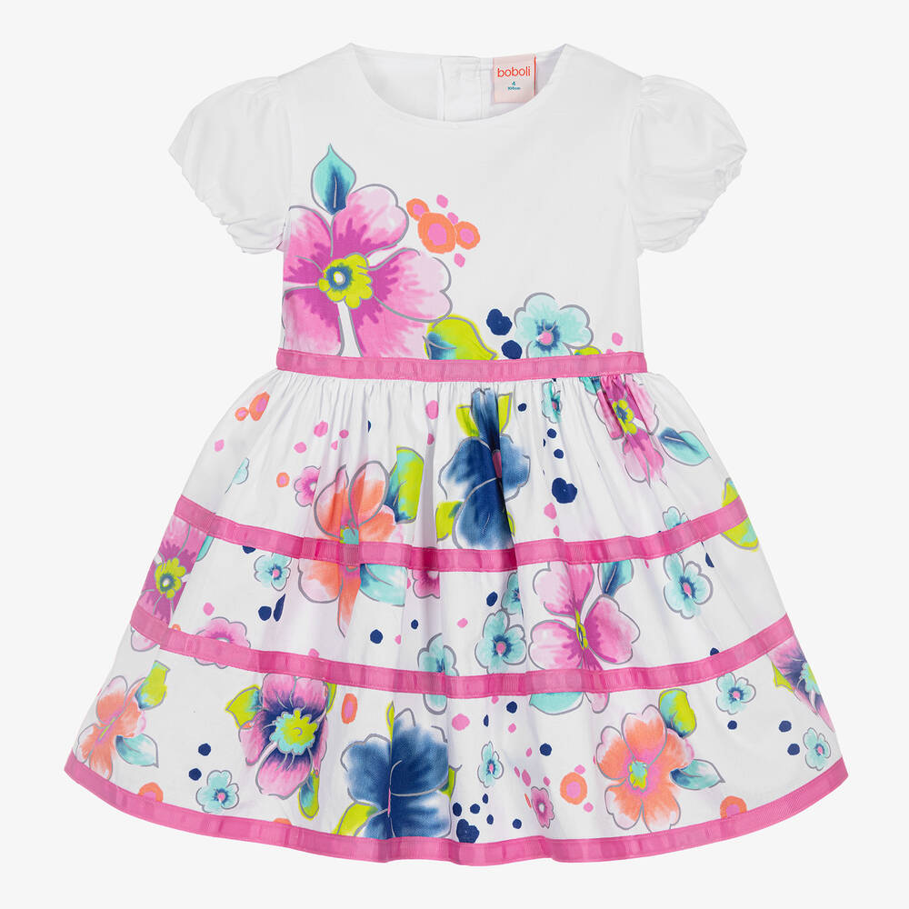 Boboli-Girls White & Pink Floral Cotton Dress | Childrensalon Outlet