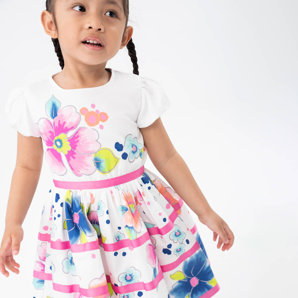 Boboli-Girls White & Pink Floral Cotton Dress | Childrensalon Outlet