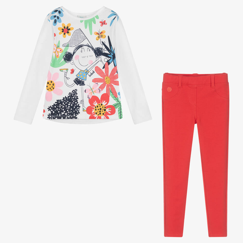 Boboli-طقم ليغنغز قطن لون أبيض وأحمر للبنات | Childrensalon Outlet