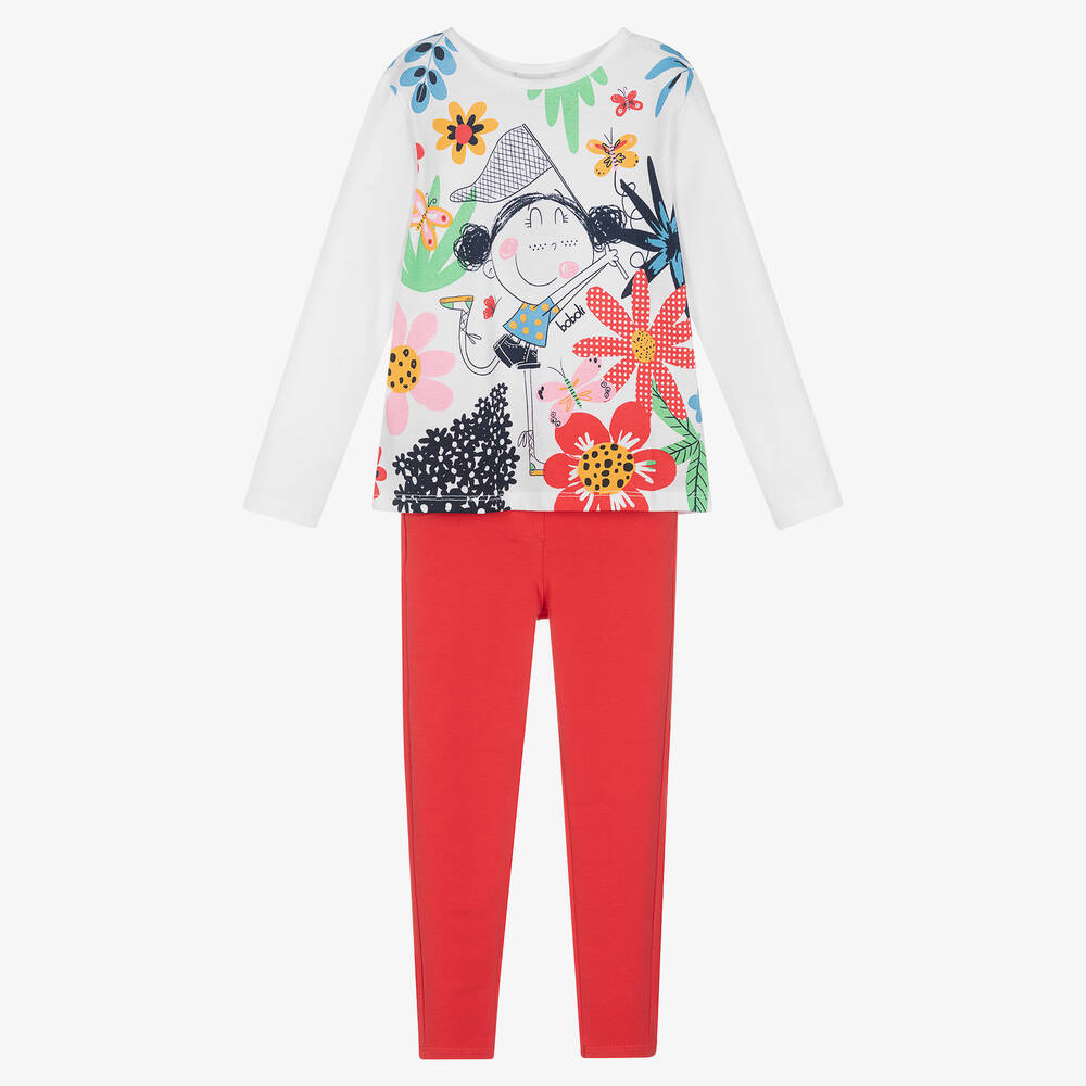 Boboli-Girls White & Red Floral Jeggings Set | Childrensalon Outlet