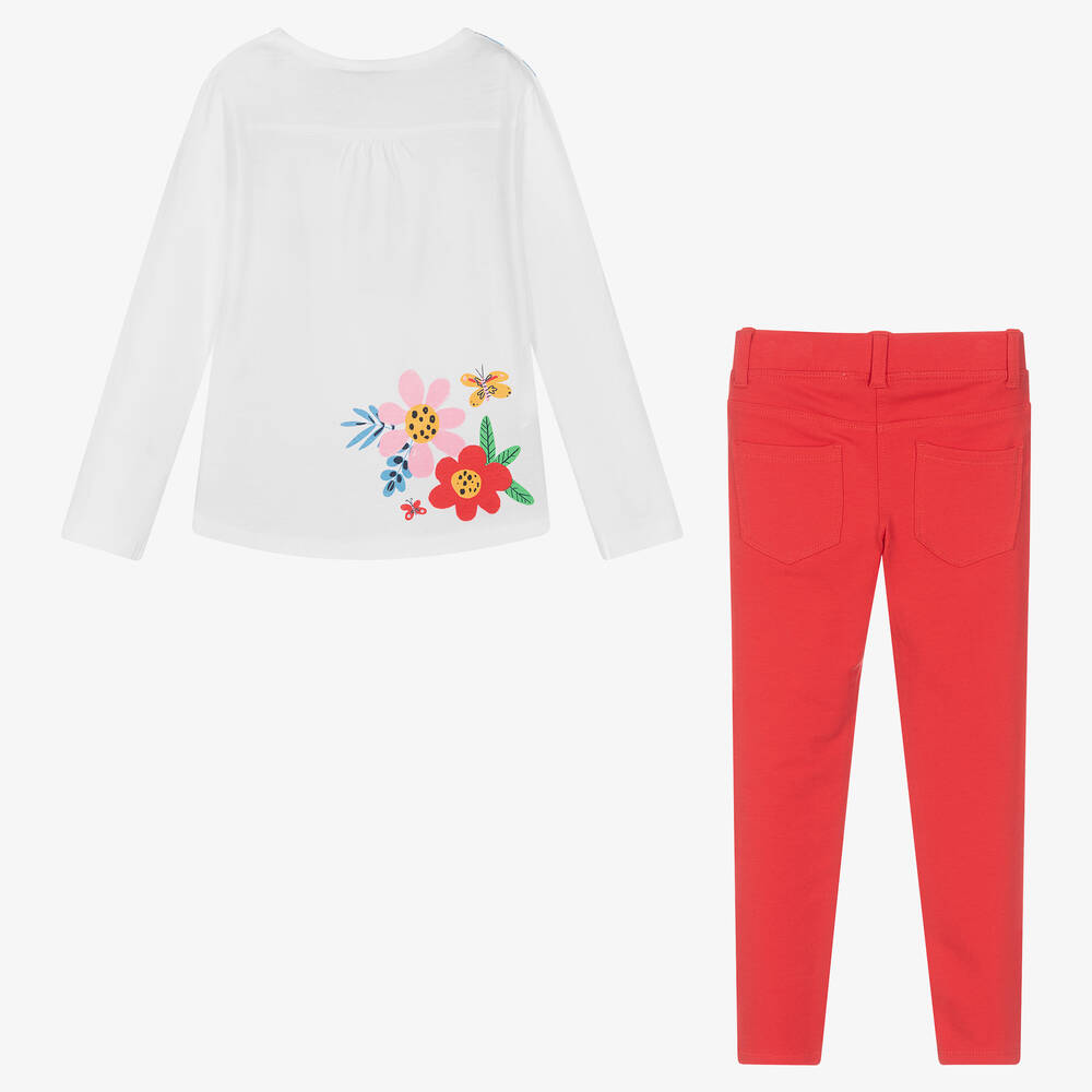 Boboli-طقم ليغنغز قطن لون أبيض وأحمر للبنات | Childrensalon Outlet