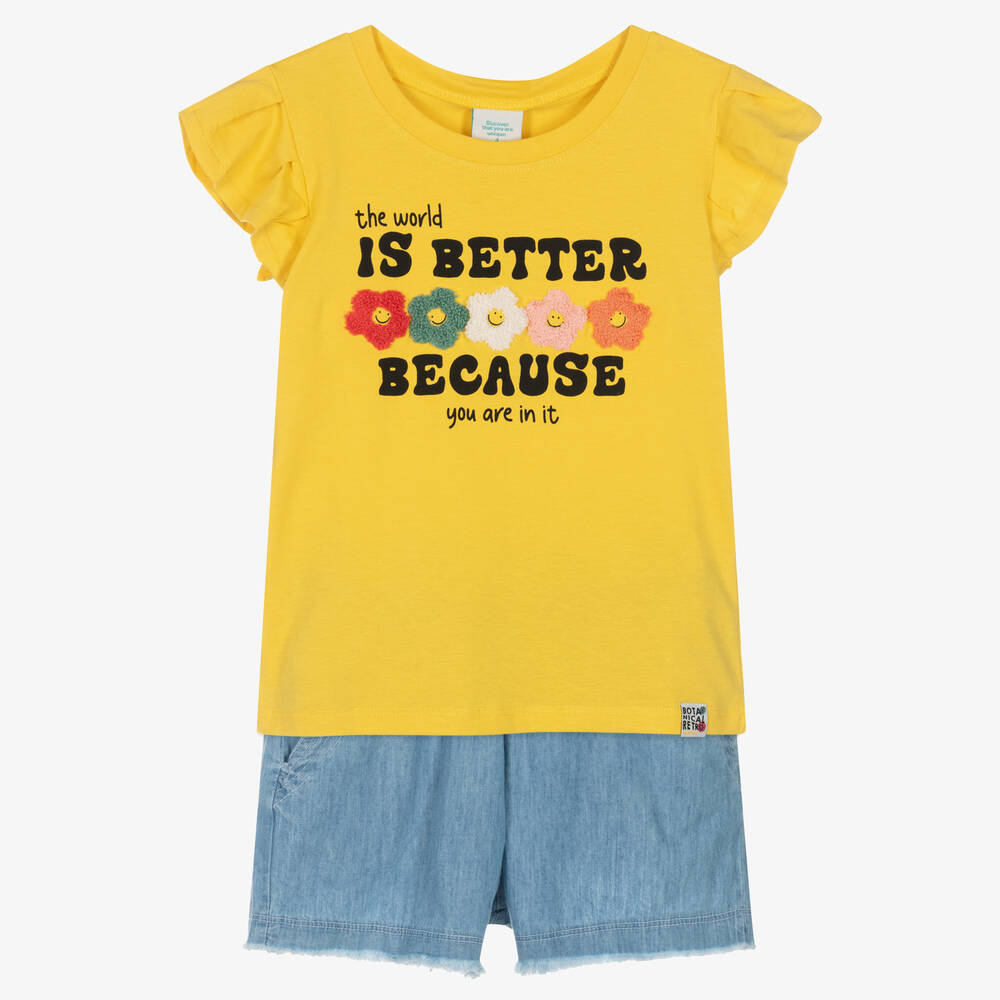 Boboli - Girls Yellow & Blue Cotton Shorts Set | Childrensalon